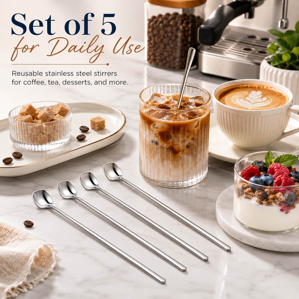 Set of five coffee spoons for daily use