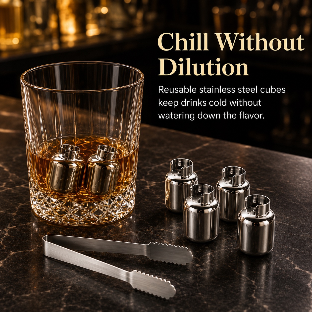 Metal ice cubes in a whiskey glass