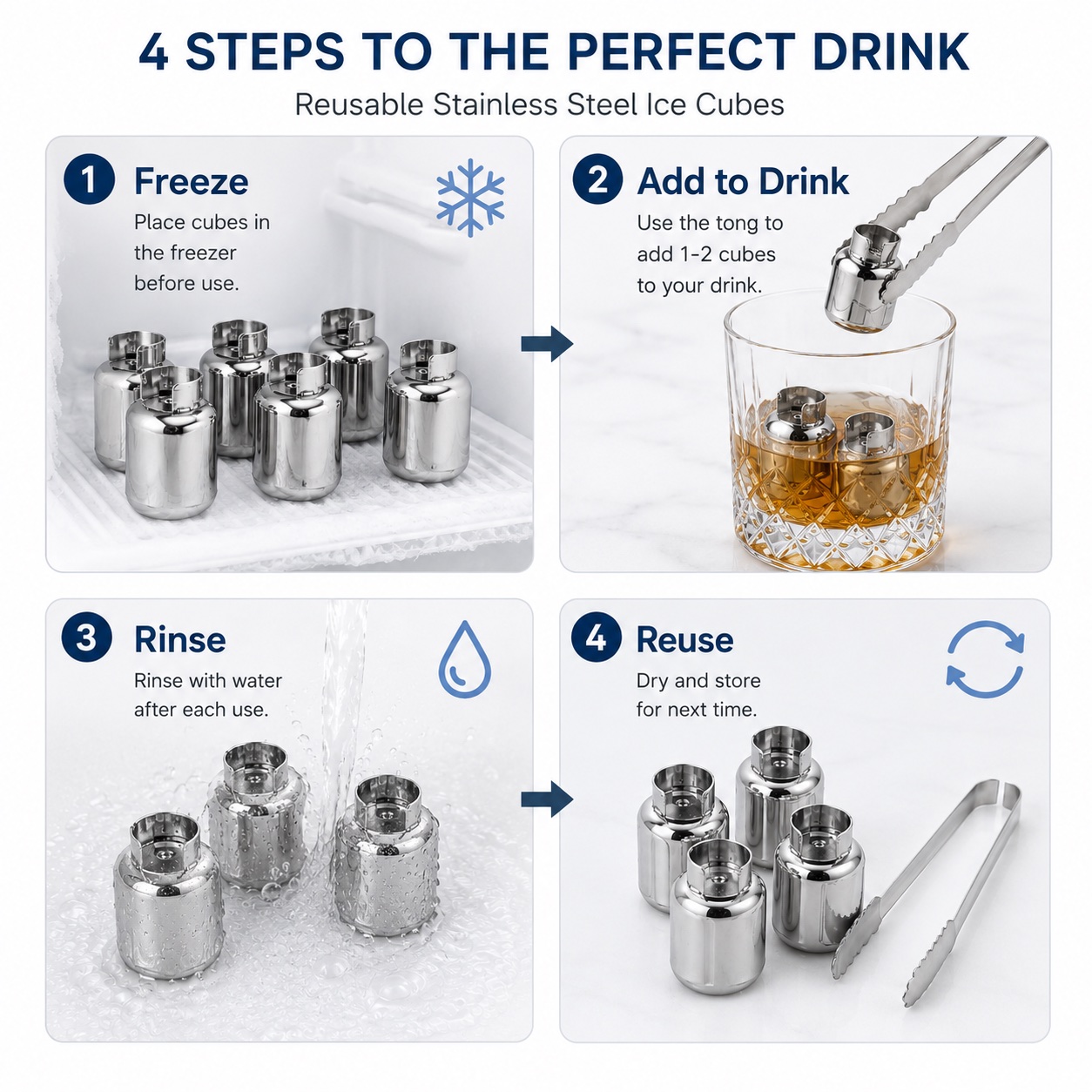Four steps for reusable metal ice cubes