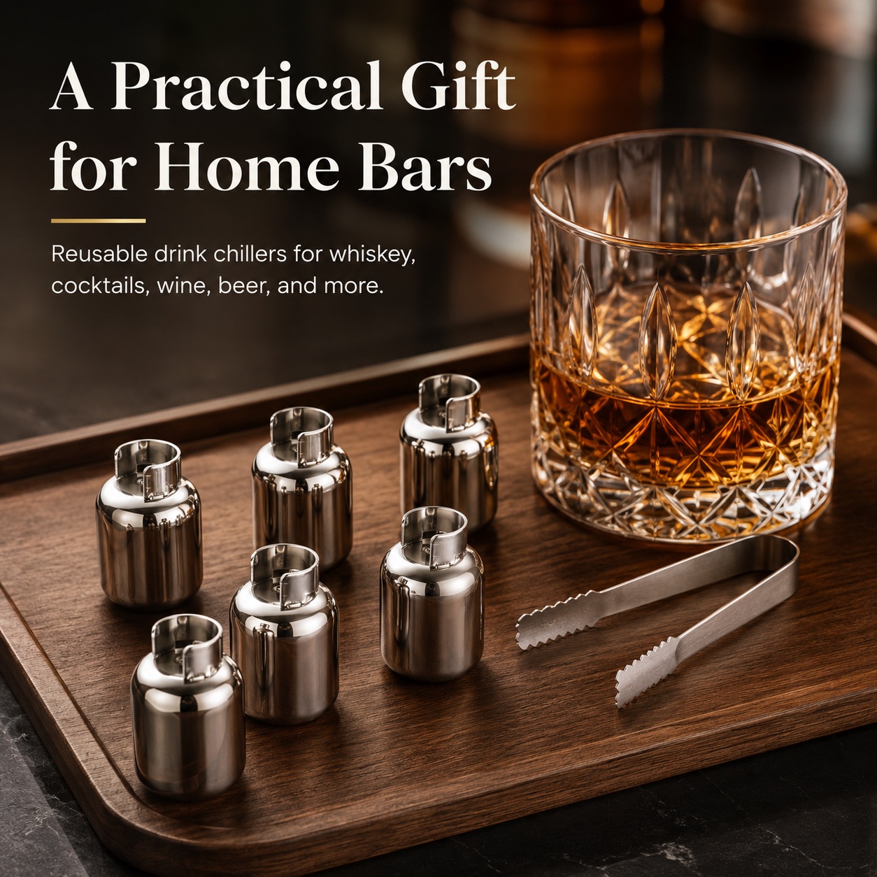 Reusable metal ice cubes home bar gift scene